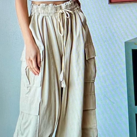 Oli & Hali Pants - Oli & Hali Corduroy Cargo Cream Wide Leg Pants Drawstring Waist